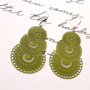 NEW Green Boho Stamped Metal Filigree Fish Hook Dangle Earrings